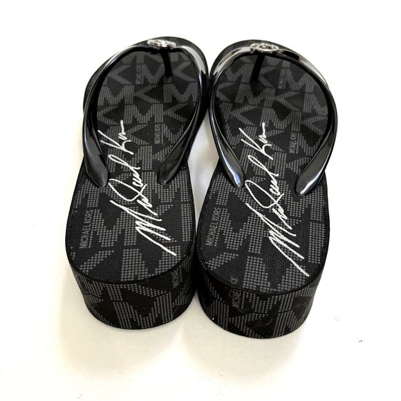 NWOB MICHAEL KORS Graphic Flip-Flop Wedge Sandals Slide On Thong Black - Picture 6 of 8